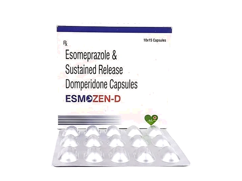 Esmozen-D - Esomeprazole and Sustained Release Domperidone Capsules box and blister strip