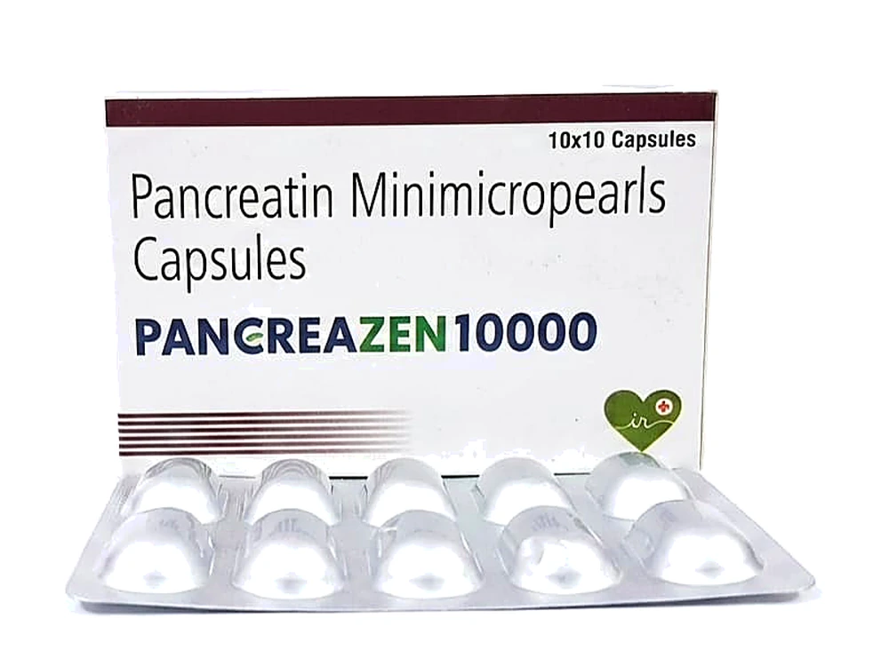 Pancreazen 10000 - Pancreatin Minimicropearls Capsules box and blister strip