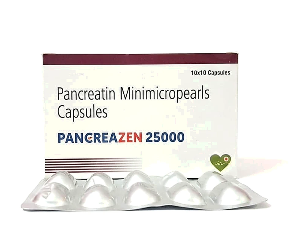 Pancreazen 25000 - Pancreatin Minimicropearls Capsules box and blister strip